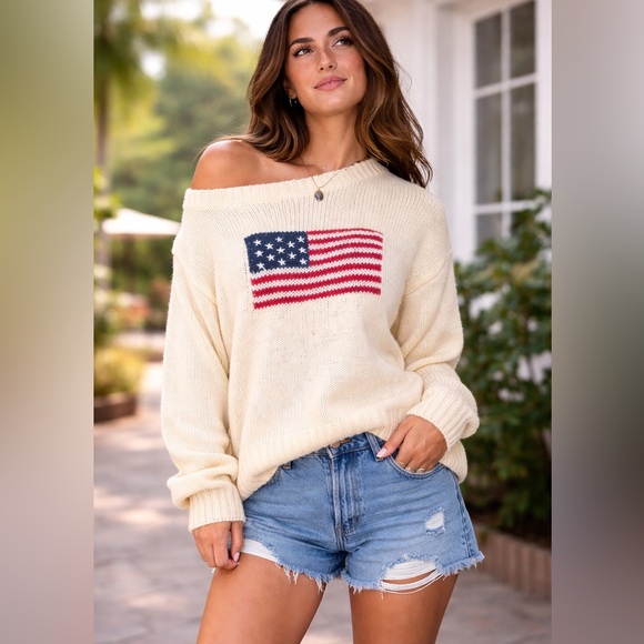 Tictoc Sweaters - Tictoc Off Shoulder American Flag Sweater Cream Knit Americana Cozy Small NWT